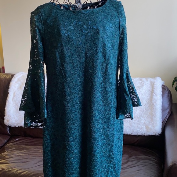 Jessica Howard Bell-Sleeve Glitter Lace Dress Size 16 Green - Picture 2 of 14